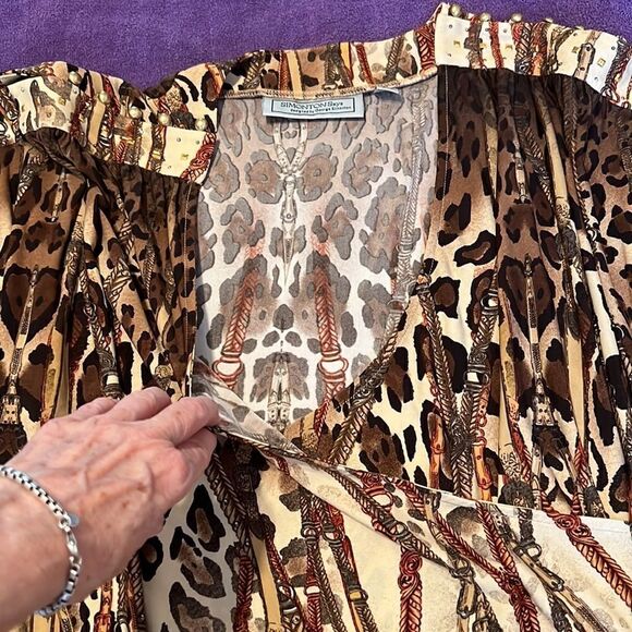 George Simonton szL brown print top buttons & bling at shoulder wrap front EUC - Picture 5 of 12
